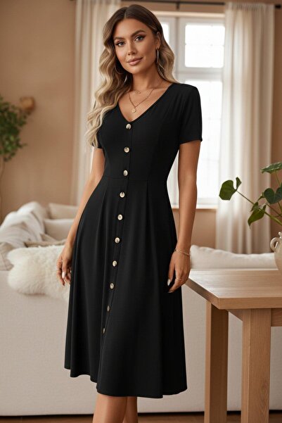 Mossta Ретро рокля с V-образно деколте, копчета и средна дължина от вискоза -...