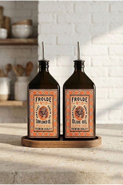 Frolde Ahşap Stantlı 2'li Amber 500 ml Yassı Cam Ayçiçek Yağı Zeytinyağı Şişe...