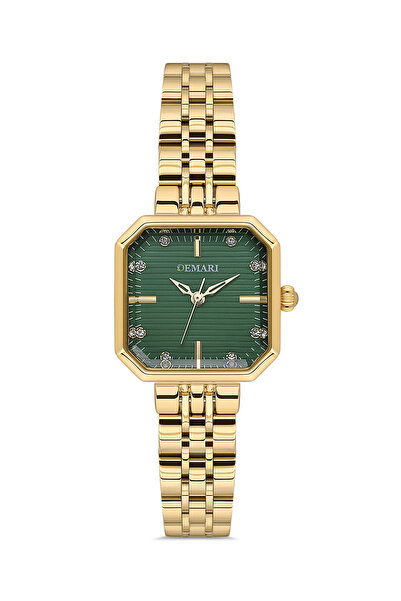 DEMARİ Women's Wristwatch Quartz Movement – Gold Strap Striped Green Dial Sto...