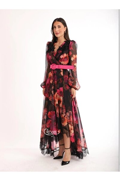 revan Floral dress with a belt and shoulder trim in fuchsia