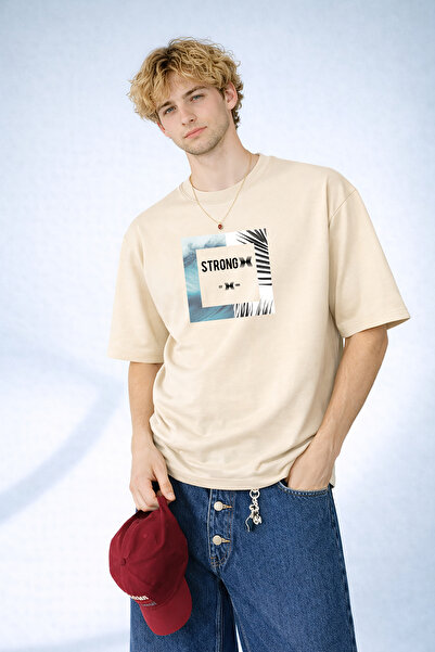 caddekombin Men's Strong Printed Sea Wave and Palm Tree Patterned Beige T-Shirt