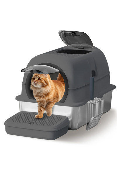 KidLe Stainless Steel Cat Litter Box with Steps & Scoop High Sides Easy to Clean