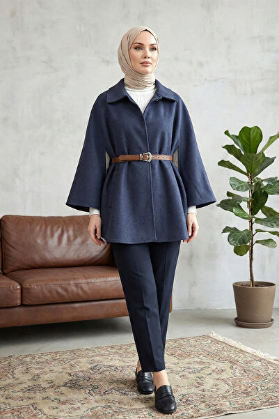 MODAQU Shirt Collar Belted Cashmere Poncho - Navy Blue