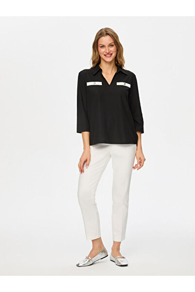 Faik Sönmez Kontrast Cep Detaylı 3/4 Kol Örme Bluz S26BLZ020