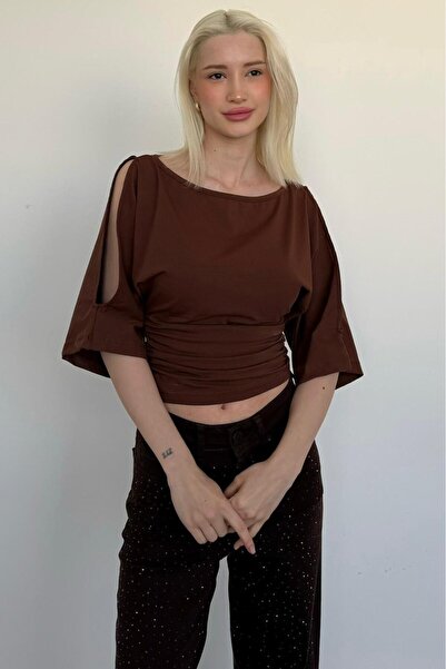 Madmext Brown Gathered Waist Batwing Sleeve Open Shoulder Blouse Mg2672