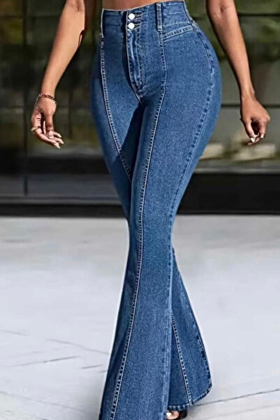 Swana Pantaloni de damă din denim cu cusături frontale, stil spaniol - Albastru