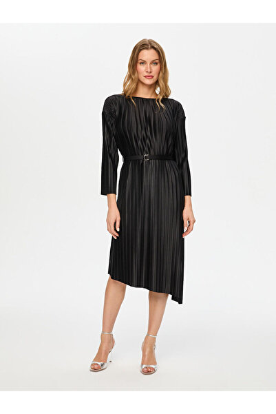 Faik Sönmez Kayık Yaka Kendinden Pililseli Uzun Kol Elbise S26ELB002