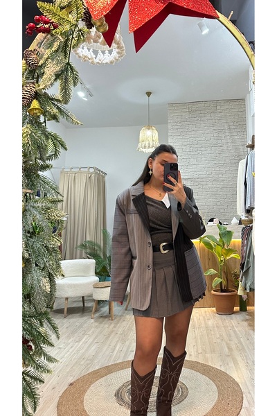 shop Çizgili Oversize Kadın Blazer Ceket – Kruvaze Detaylı Şık Ceket