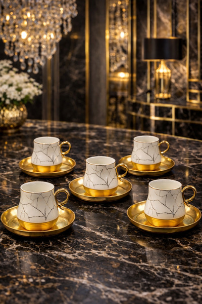 YzHome Acar 6-Person Luxury Gilded Gold Coffee Cup Set with Glass Plate Porce...