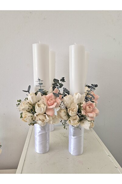 Yellow Tulip Set of 2 wedding candles, 6*40 cm, tulips and immortal roses, st...
