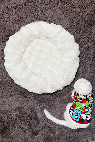 DEKOMOD Puffy Peluş Yumuşak Simit Yuvarlak Kedi Köpek Yatağı Minder Krem