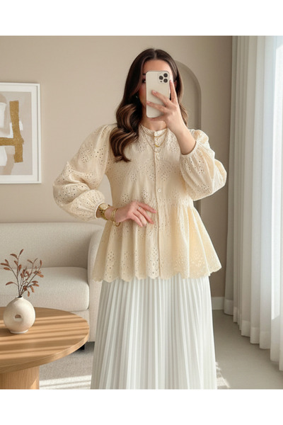 MissRunin Kolu Lastikli Ajurlu Düğmeli Astarlı Gömlek