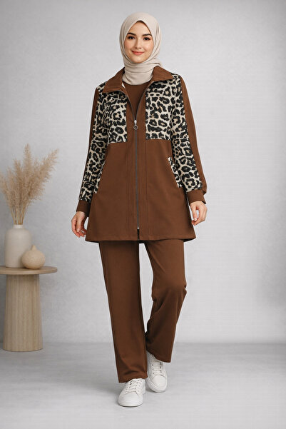 Kirazgym Leopard Patterned Double Suit with Zipper at the Back - Tan