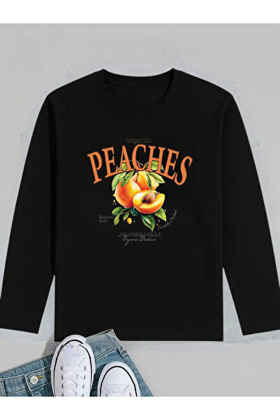 ELNOYA سترة رياضية سوداء فاخرة ذات ملمس ناعم مطبوع عليها رسومات الخوخ وياقة د...