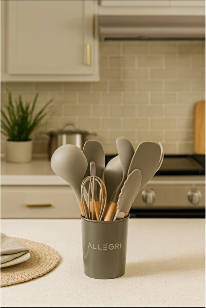 ALLEGRI 9 Piece Bamboo Handle Silicone Serving Utensil Set with Color Options...