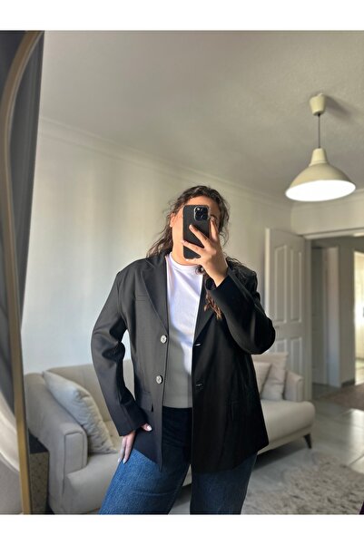bestie co Kadın Siyah Düğme Detaylı Oversize Blazer Ceket
