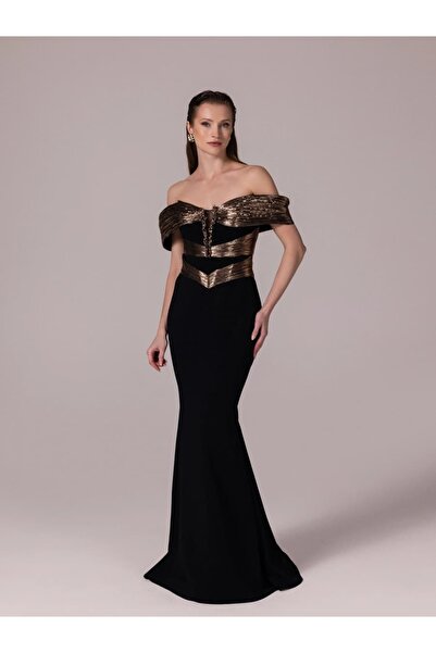 Hanımefendi Giyim فستان سهرة مطرز على شكل سمكة مع ياقة مزينة بقماش لامع