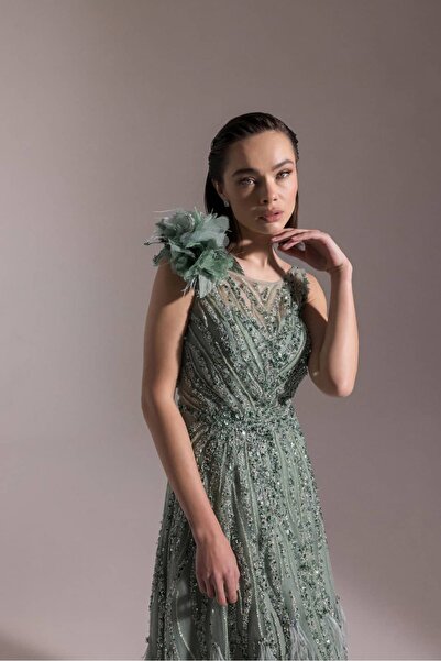 Hanımefendi Giyim Pearl and Sequin Embellished Tulle A-Line One-Shoulder Deta...