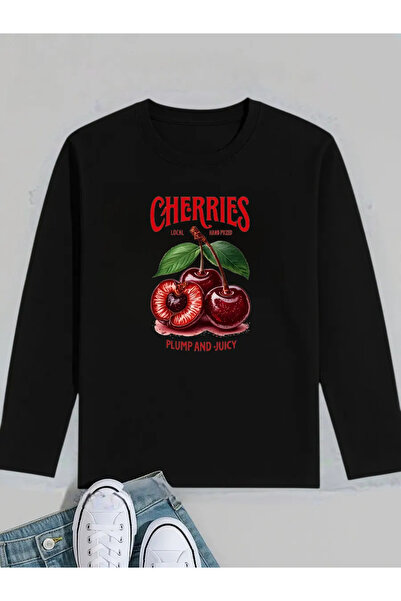 ELNOYA سترة رياضية سوداء فاخرة ذات ملمس ناعم مطبوع عليها رسومات الكرز وياقة د...