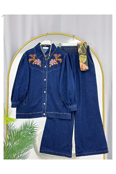 YEDİLALE Pantaloni din denim cu picior larg, brodați cu flori, set din două p...