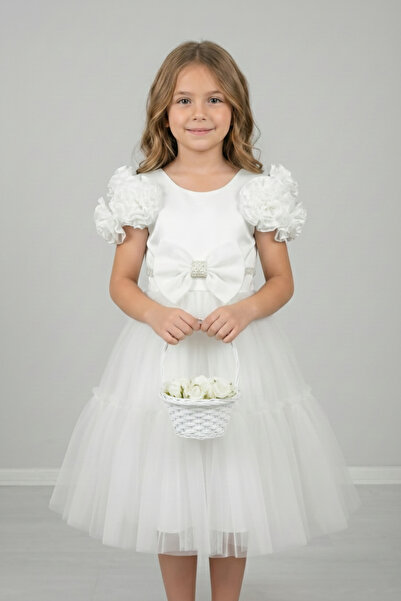 FATELLA Girl's White Fluffy Tulle Skirted Dress with Rose Detail on the Shoul...