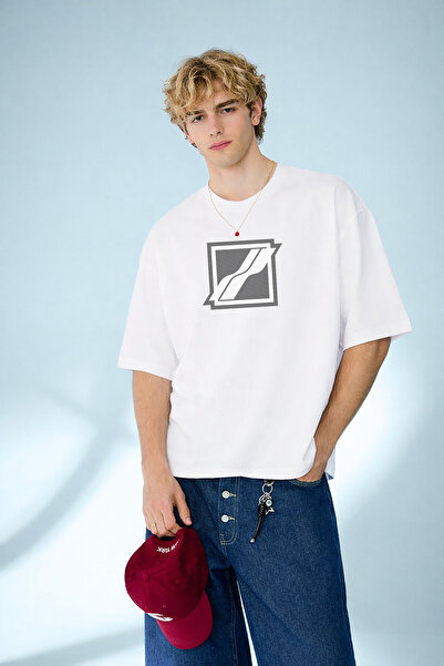 caddekombin Men's Abstract Fluid Line Design Crew Neck White T-Shirt