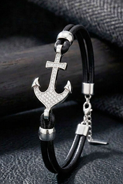 OSMANLI GÜMÜŞ Men's Leather Bracelet with White Zircon Stone Anchor Motif Dou...