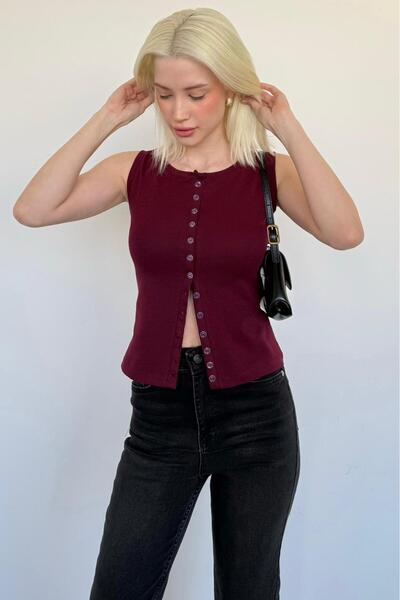 Madmext Γυναικεία μπλούζα μπορντό με λαιμόκοψη και κουμπιά MG2638