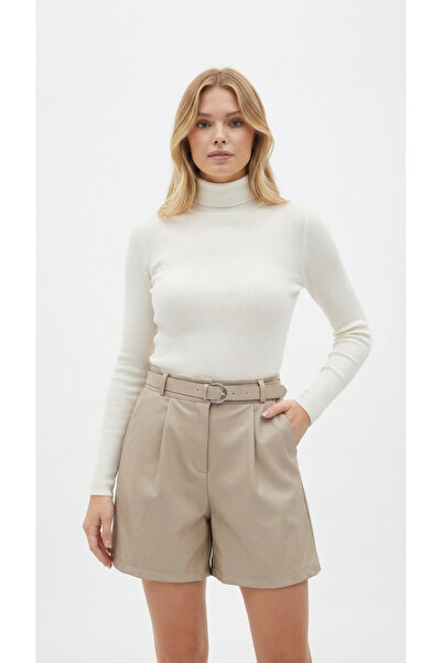 NEW JOURNAL Kadın Bej Yüksek Bel Kemerli Suni Deri Şort NJ67