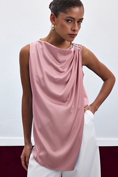 Sateen Accessory Detailed Sleeveless Blouse - Pink