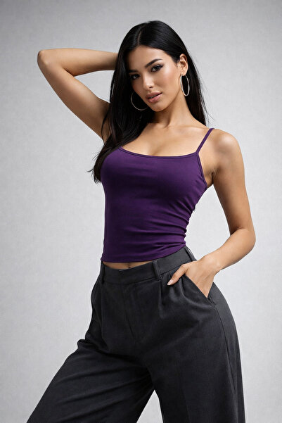 WILD BEE Women's Purple Slim Fit Crew Neck Strappy Crop Tank Top