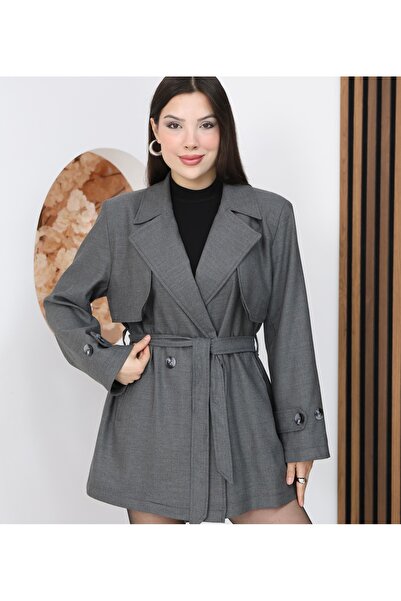 VESS MODA Дамско късо палто с копчета и колан, с детайли на предната и заднат...