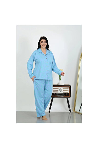 Narnuga Mi̇ray- Women's Plus Size Cotton Pocketed Buttoned Blue Pajama Set