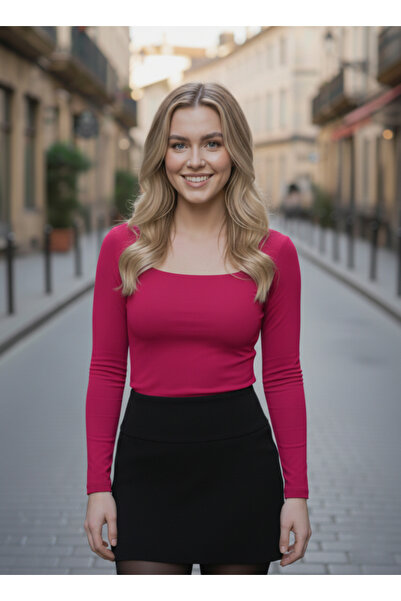 NEW JOURNAL Kadın Fuşya U Yaka Basic Uzun Kollu Bluz NJ73