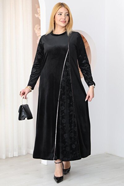 Siyezen Plus Size Velvet Dress with Silver Stripe Detail