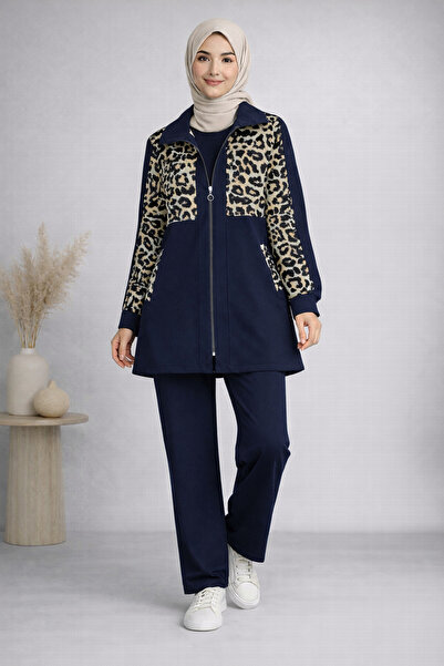 Kirazgym Leopard Patterned Double Suit with Zipper at the Back - Navy Blue