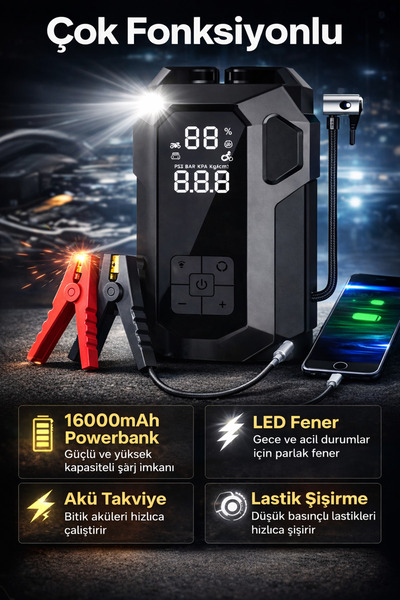 HMO Store Profesyonel 16000mAh Akü Takviye Cihazı | Kompresörlü 4’ü 1 Arada J...
