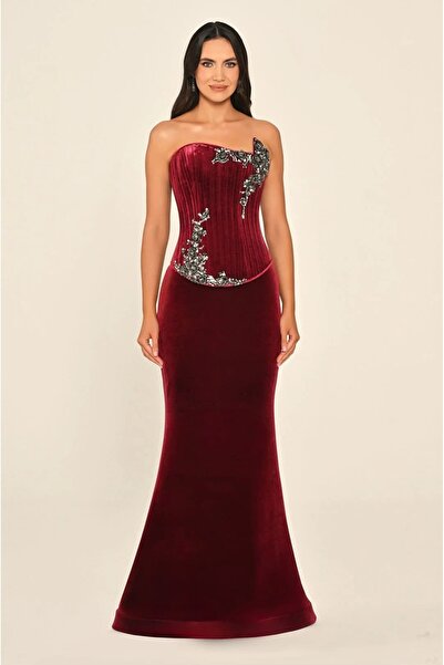 ALFABETA Strapless Top Asymmetrical Cut Stone Detailed Velvet Long Dress