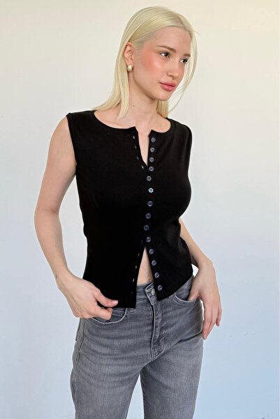 Madmext Black Crew Neck Buttoned Women's Blouse Mg2638