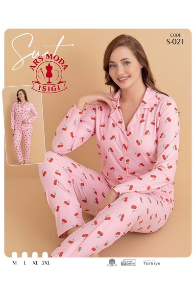 ars moda ışığı KADIN PİJAMA TAKIMI PEMBE KİRAZ DESENLİ SÜET