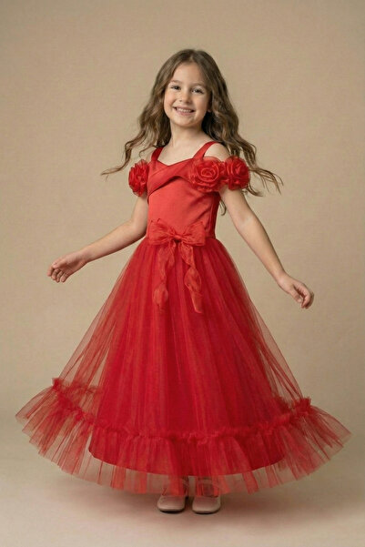FATELLA Girl's Shoulder Rose Detailed Waist Bow Princess Model Red Tulle Dres...