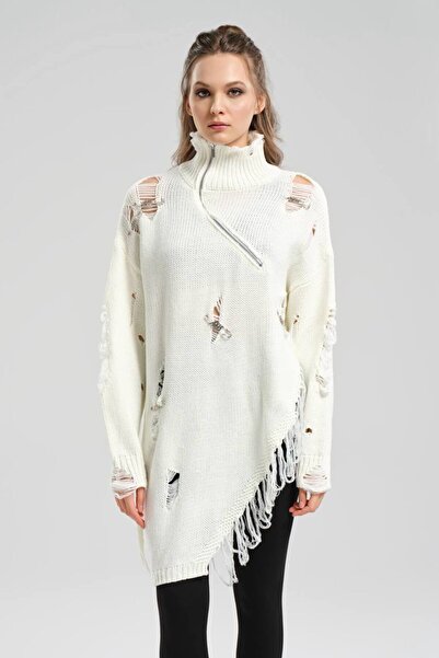 tw3 Дебел плетен пуловер с рибарска яка и цип