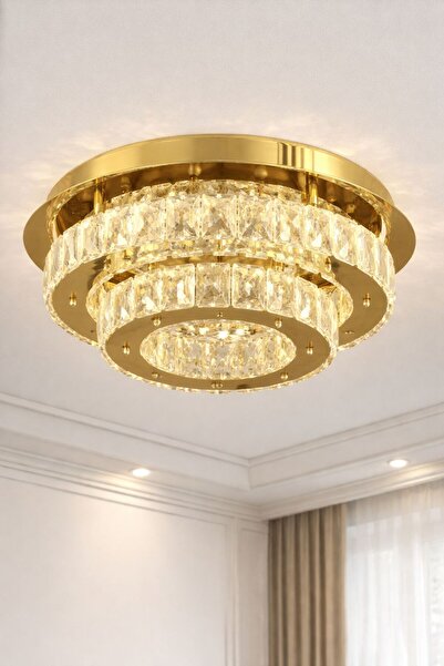 LİVORA LIGHTING Ahu Kristal Taşlı 3 Kademeli Modern Ledli Salon Avize gold