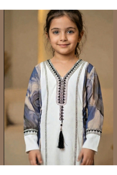 Nice Model فستان قفطان مطرز للبنات بأكمام طويلة، جلابية تقليدية باللونين الأب...