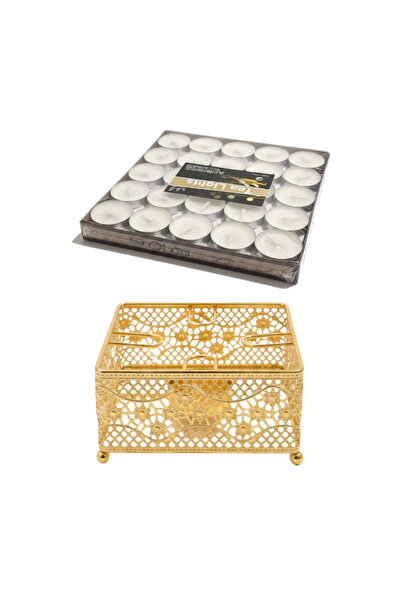 Generic Decorative gold tea stand set with 50 free candles - 15*15 cm square