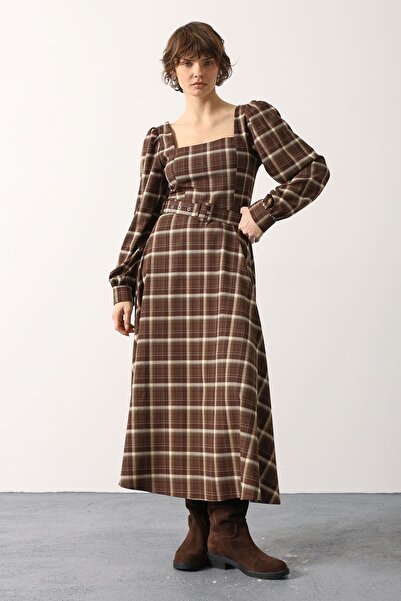 vuvutasarım Square Collar Belted Gift Plaid Women's Dress 35551