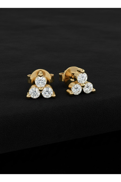 Roza Silver 925 Ayar Gümüş Gold Renk 3 Taşlı Minimal Pırlanta Montürlü Trio Ç...