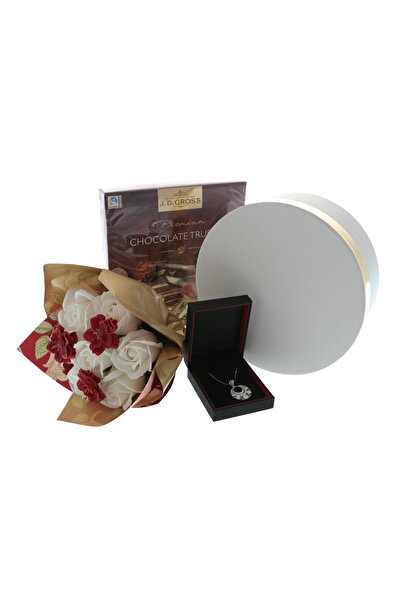 GiftExpress Set Cadou Femei cu Colier Argint floral, buchet Trandafiri și Pra...