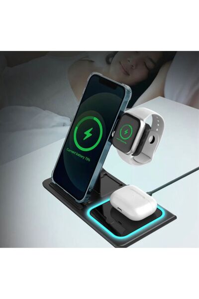zerzembe 3 In 1 15 W iPhone Watch Uyumlu Hızlı Şarj Kablosuz Wireless Mavi Led Işıklı Şarj Standı