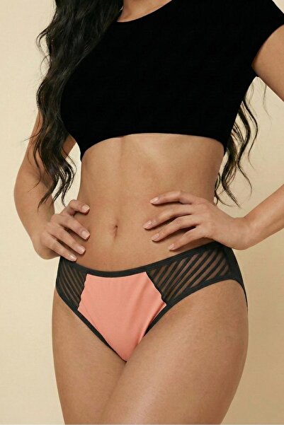 Manken Neon Salmon Pink Luxury Cotton Tulle Detailed Women's Slip Panties - F...